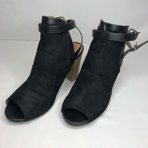 Qupid Faux Suede Peep Toe Ankle Strap Black Heel